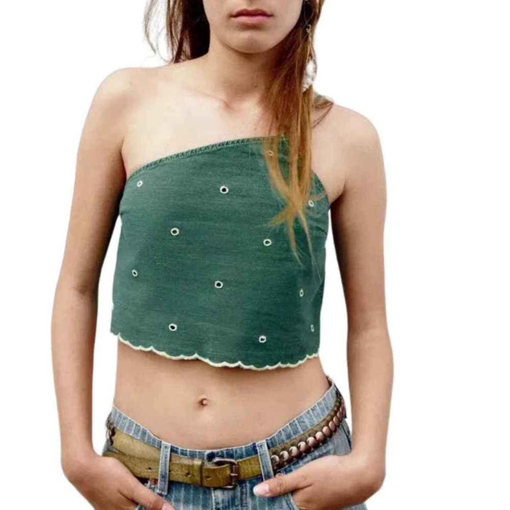 ZARA NWOT Embroidered crop top green 3798/004 Boho Size M